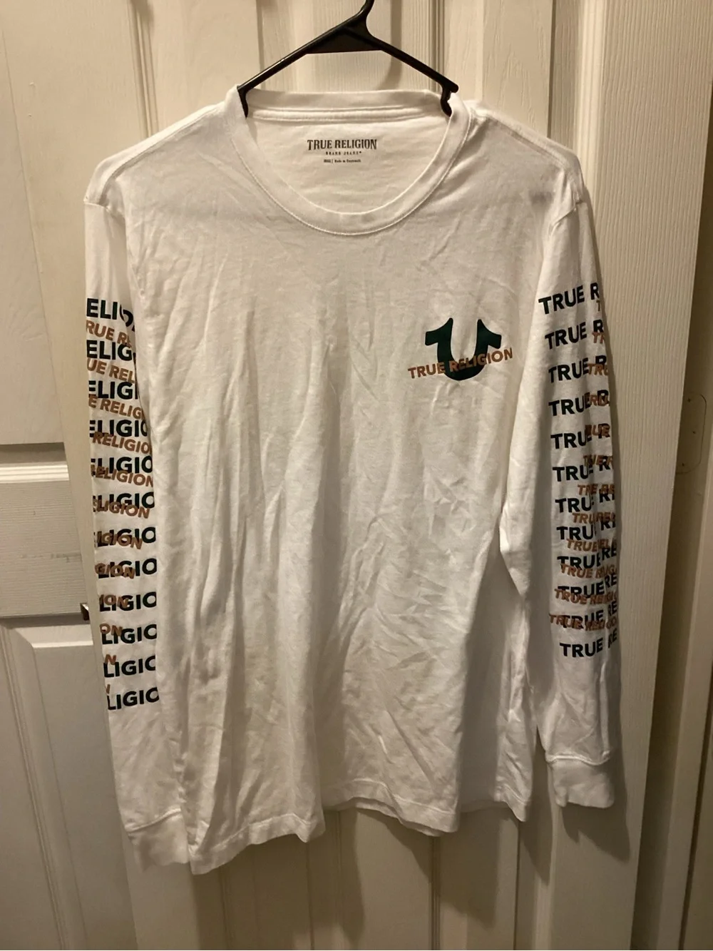 True Religion White Long-Sleeve Logo Tee with Sleeve Script